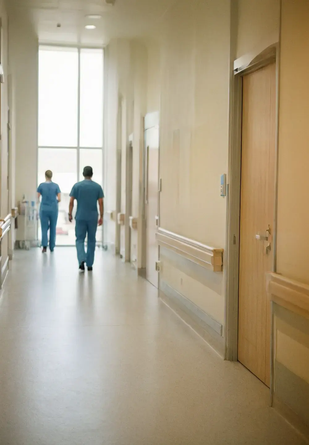A clinician pausing in thought in a quiet modern hospital corridor