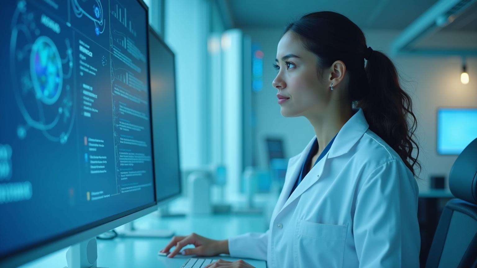 A scientist reviewing genomic data in a modern lab